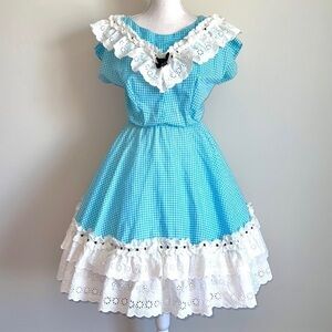 1970s Vintage Gingham Prairie Swing Dress